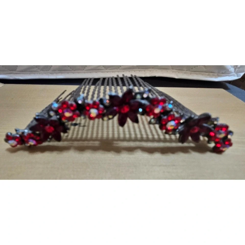 Rhinestone RED Flower‎ Hair Comb Red Crystal Bridal Headpiece Prom Y2K